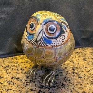 Mid Century Mexican Brass & Pottery Owl Sculpture Figurine by Alexander Blazquez